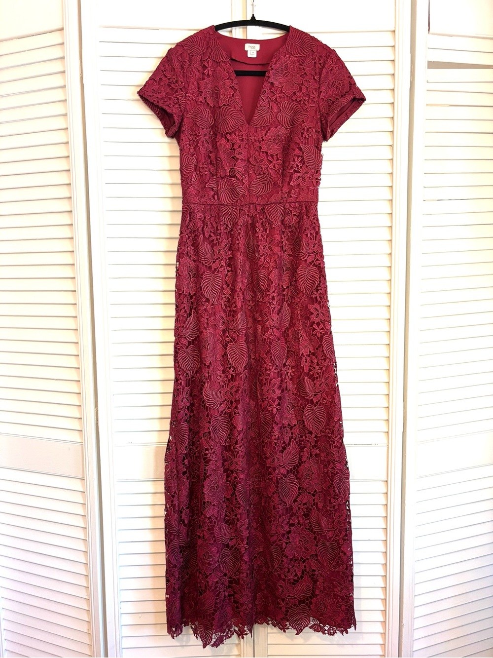 Hoss Intropia Burgundy Lace Floral Formal Evening Maxi Dress Short Sleeve 34 XS